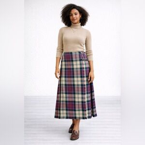 Vintage Scotland Plaid Wool Midi Wrap Kilt Skirt Purple Green UK 30